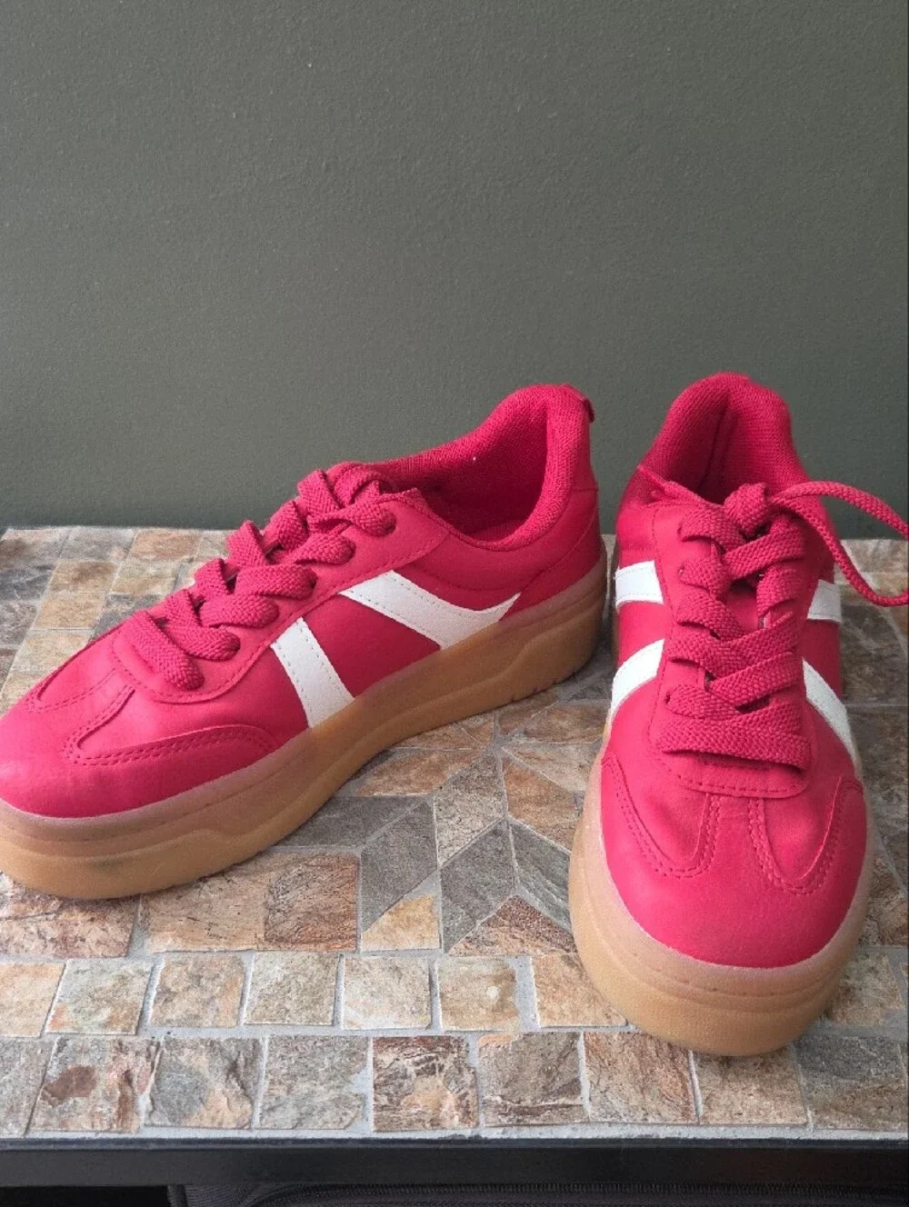 Primark Bright Red Sneakers with White Side Stripes, Size 6